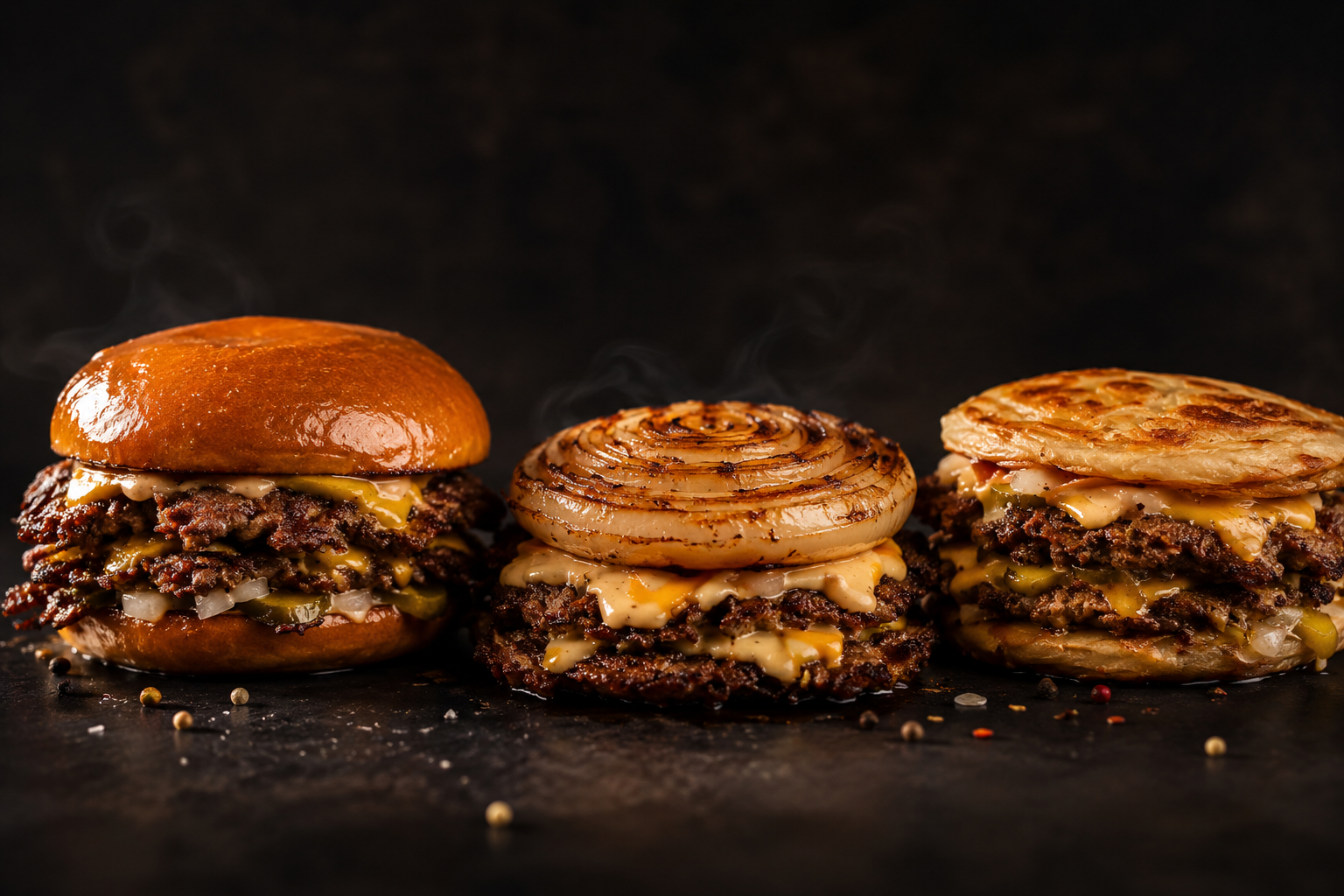 Three SMASHED. smash burgers — original brioche, onion-bun, and paratha